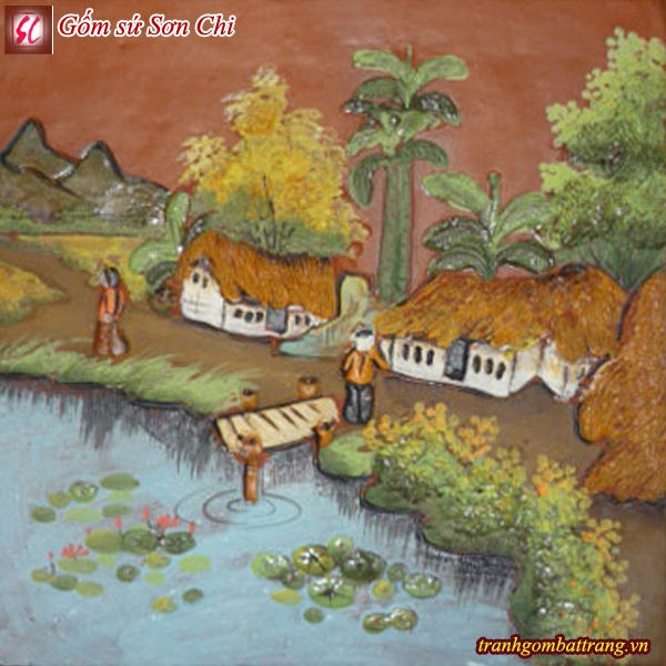 Tranh gốm Bát Tràng cảnh làng quê